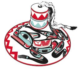 Woven spruce root hat, Haida. A configurative design of a split wolf is painted around the hat in black, red, and blue-green. Private collection.