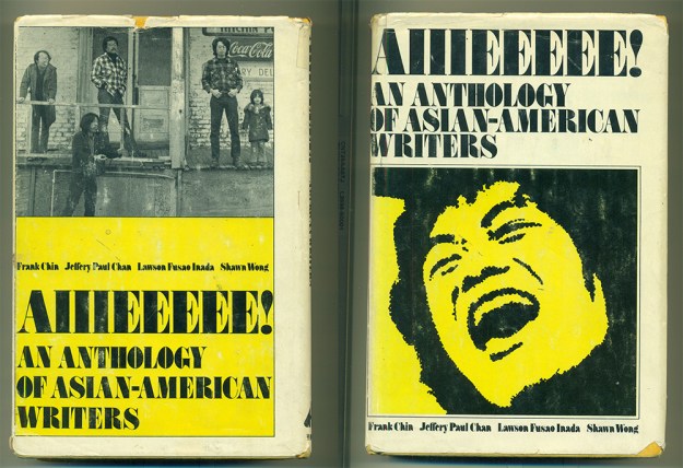 The front and back cover of the original edition of Aiiieeeee! in black, white, and yellow with a photo of the four editors on the back cover